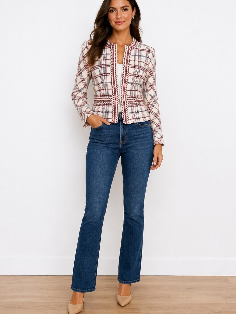 St. John Plaid Zip Up Jacket Ladies with Woven Rubber Accents